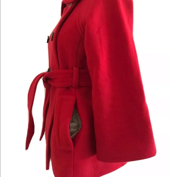 J.Crew | Bell Sleeves Double Breasted Belt Pea Coat Womens Size 2 Red Wool Blend - Picture 2 of 9